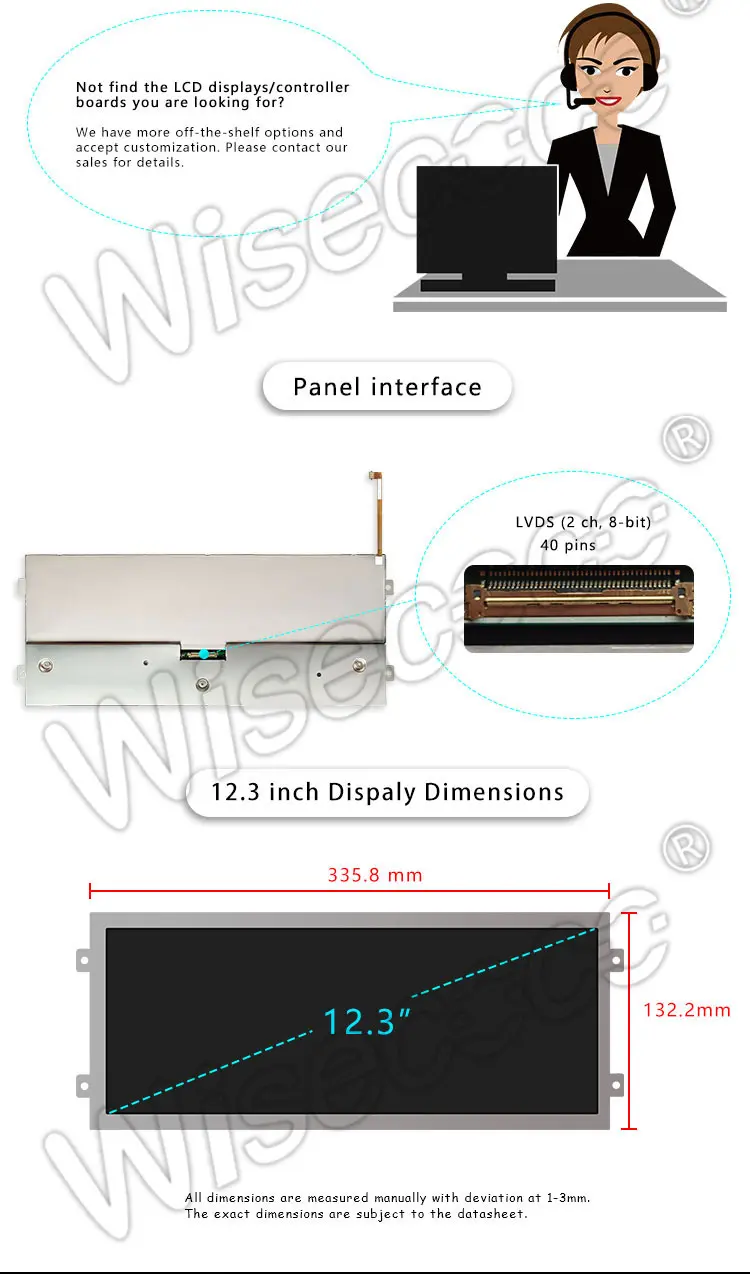 12.3 Inch Stretched Bar Display LVDS Interface 1920x720 High Brightness TFT LCD Display