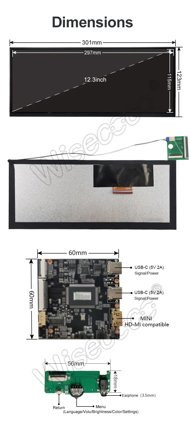 12.3 Inch Ips Stretched Wide Bar Type Lcd Screen with Full-featured Usb-C Controller Board