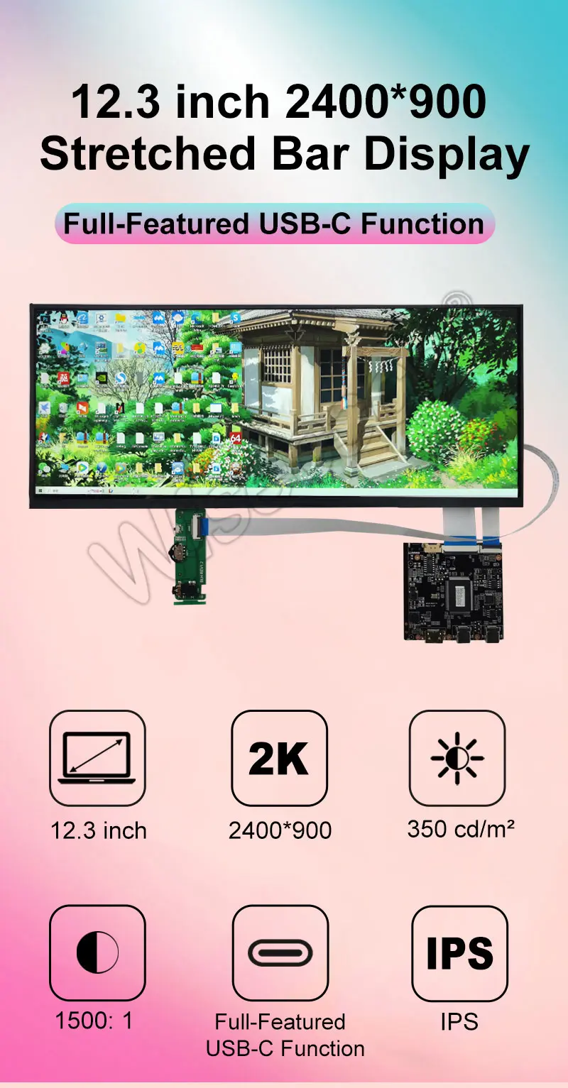12.3 Inch Ips Stretched Wide Bar Type Lcd Screen with Full-featured Usb-C Controller Board