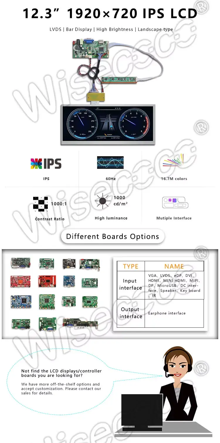 12.3 Inch 1920x720 Stretched Bar Display for Instrument Cluster