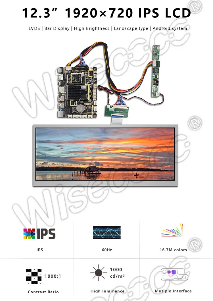 12.3 Inch IPS Stretched Bar LCD Display 1000nits High Brightness LVDS TFT LCD Screen