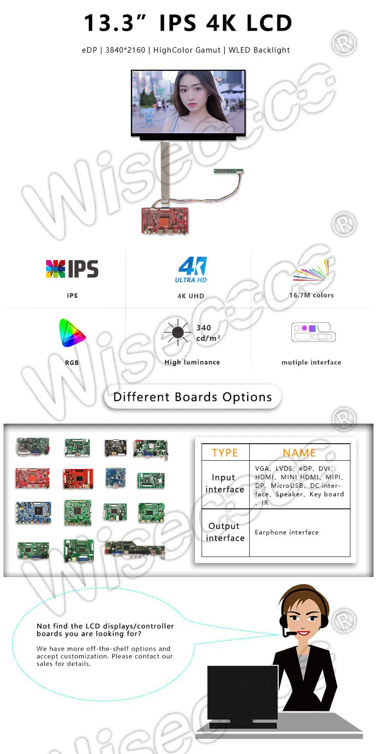 13.3 Inch 4K UHD Hard Coating LCD Display 3840x2160 EDP Interface IPS TFT LCD Module Screen