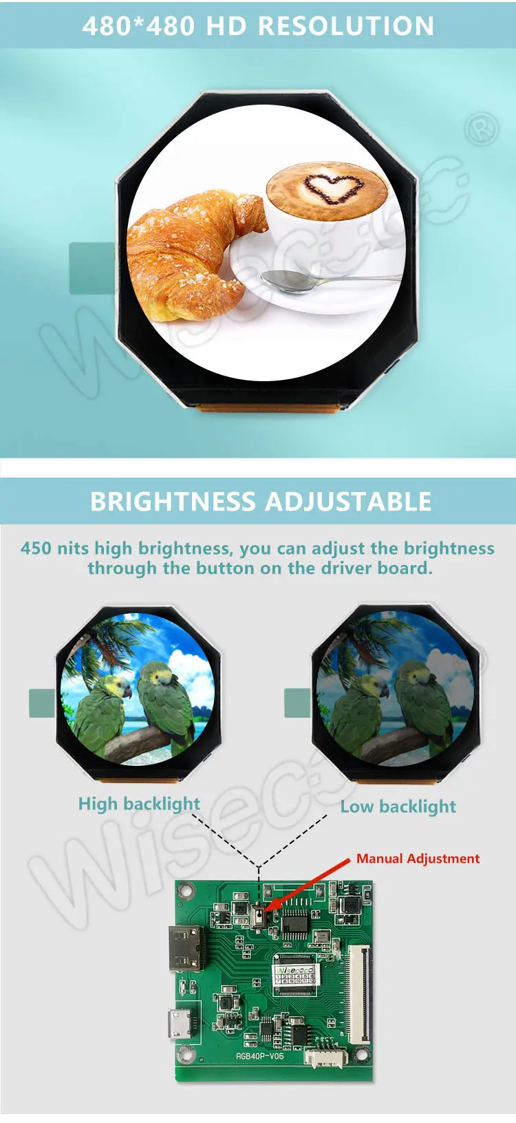 2.1 Inch 480x480 HD IPS round Lcd Display with Brightness adjustable
