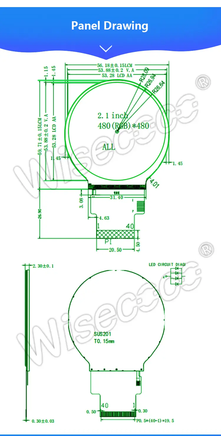 2.1 Inch 480x480 Resolution Circular display Product parameters and specifications