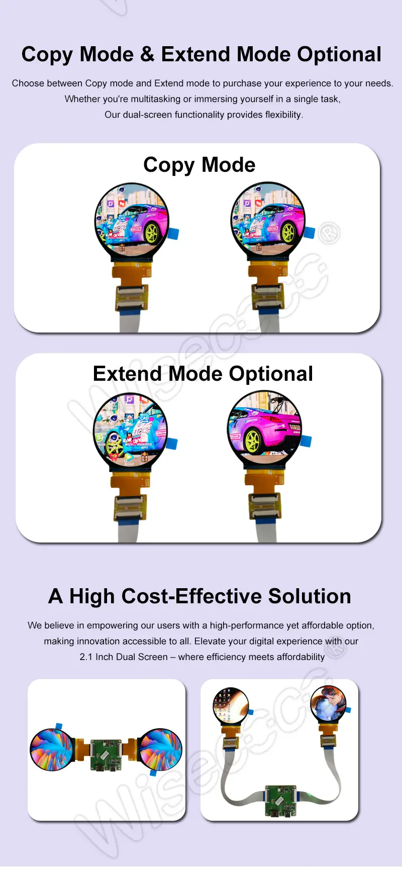 2.1 Inch Round Double IPS TFT LCD Module with copy mode extend mode optional