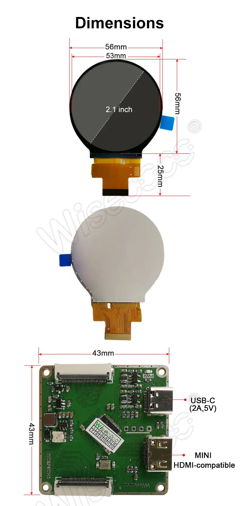 2.1 Inch 480x480 Resolution Dual Round LCD Display dimensions