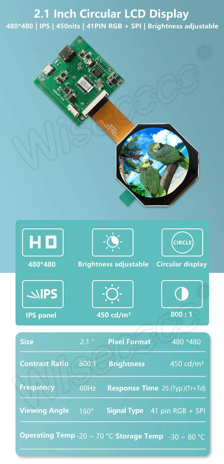 2.1 Inch 480x480 IPS Circular Lcd panel with SPI+RGB 41pin