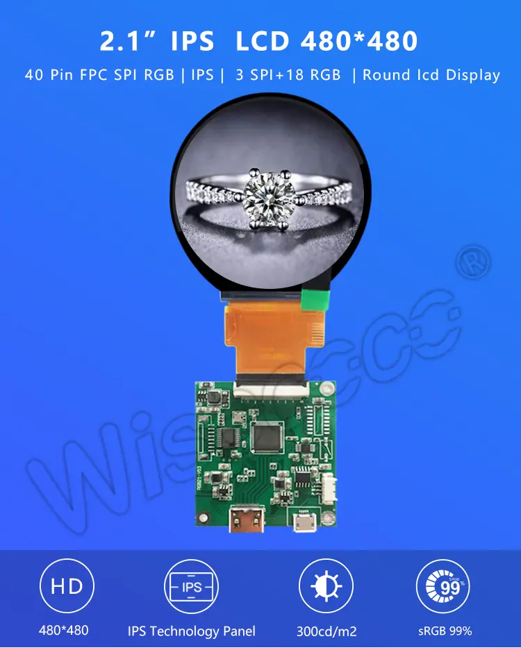 2.1 Inch 480x480 Resolution IPS 300NITS Round LCD