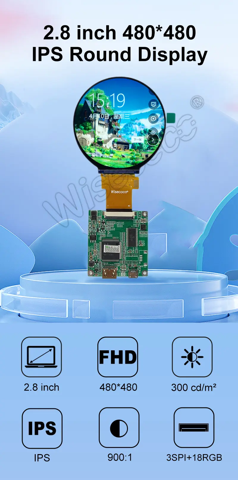 2.8 Inch 480x480 IPS Round Display 300nits Brightness SPI RGB Intelligent