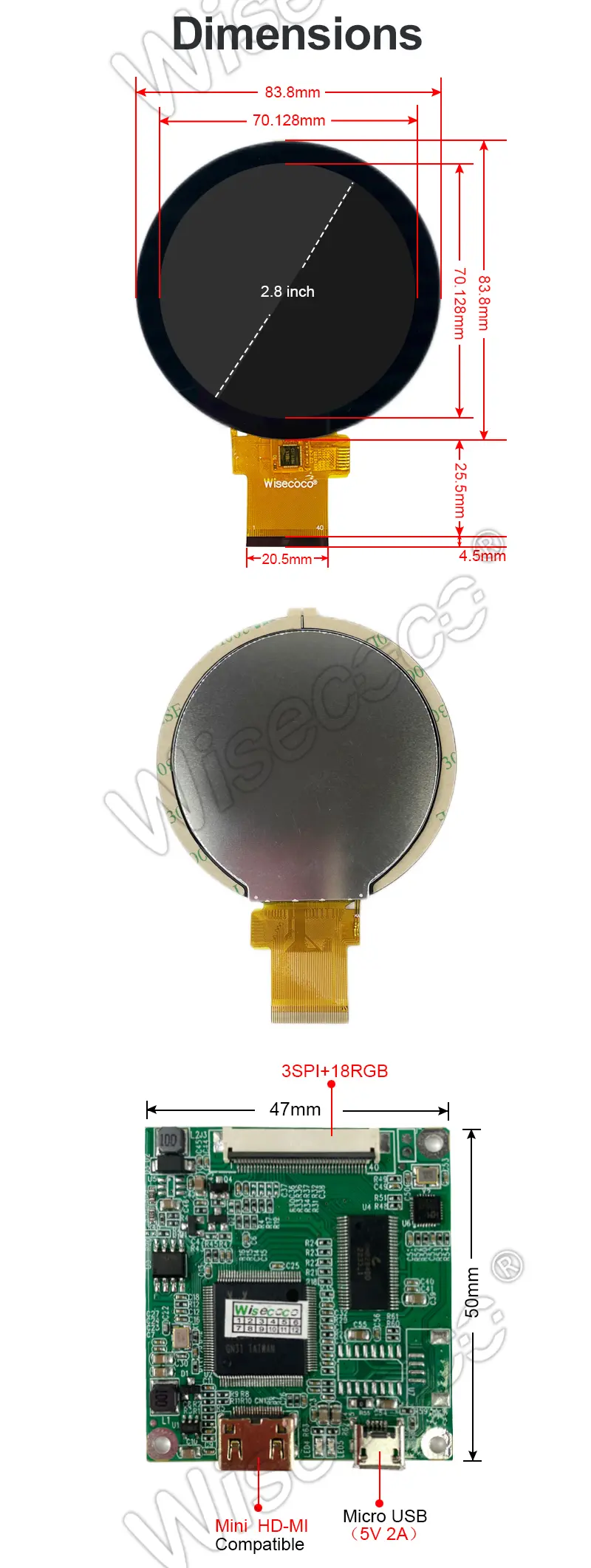 Wisecoco 2.8-inch Circular Lcd Display 480x480 Round Touch Module