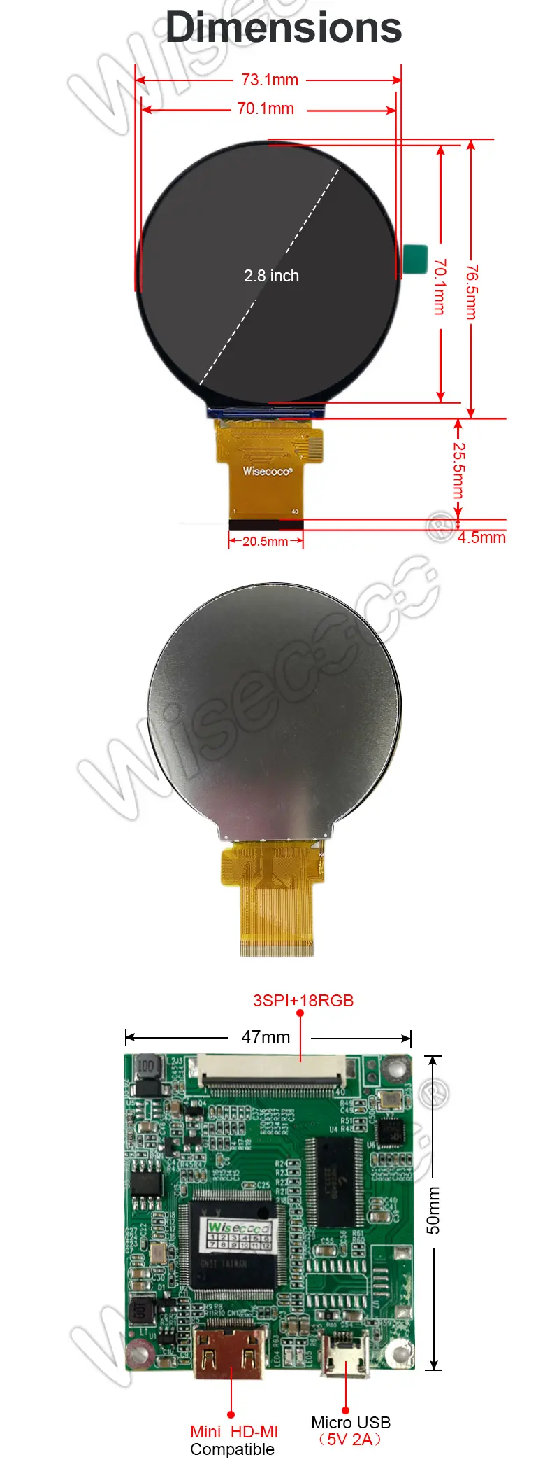2.8 Inch 480x480 IPS Round Display 300nits Brightness SPI RGB Intelligent