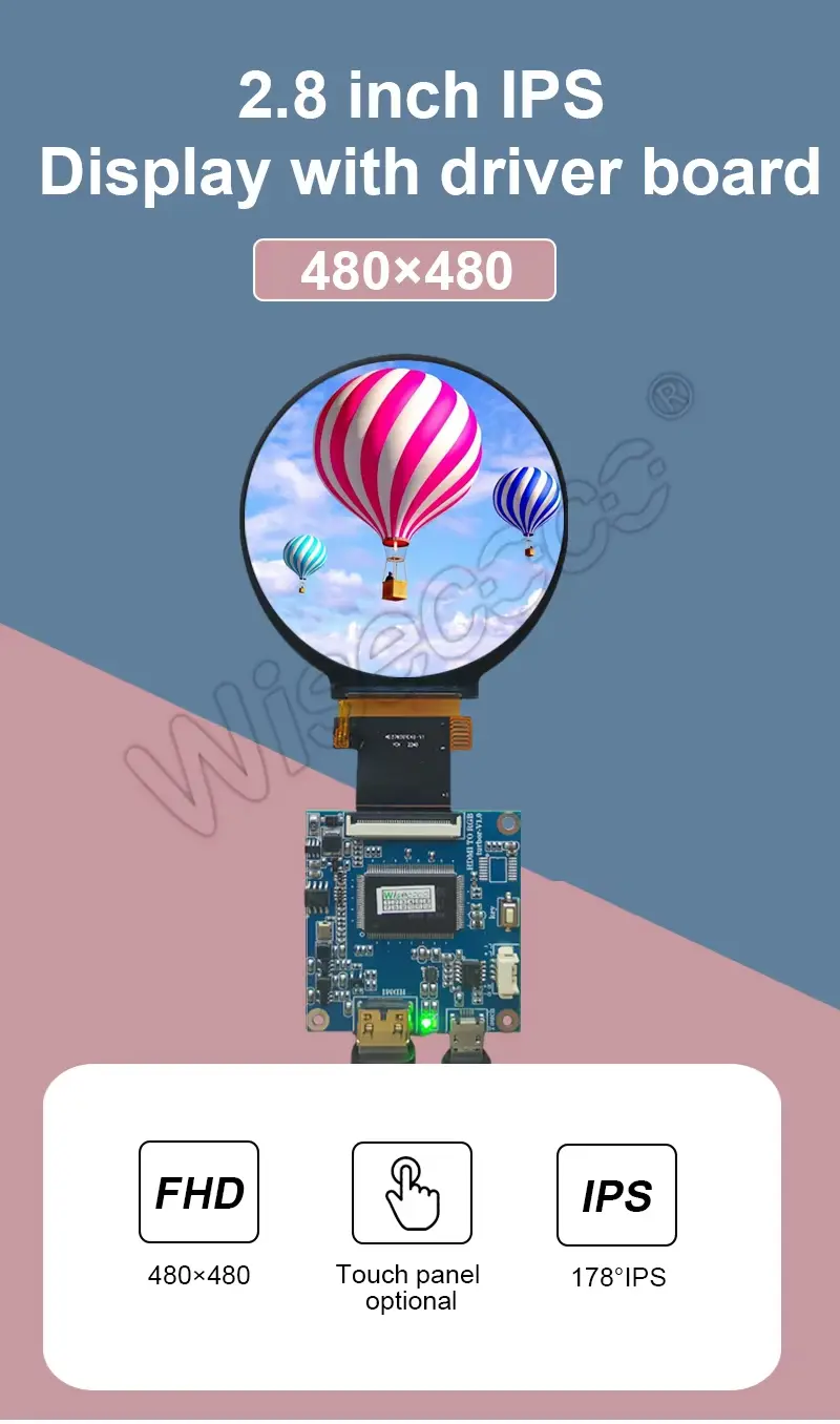 2.8 Inch 480x480 FHD IPS Round Display SPI RGB Interface Lcd Screen Module with Driver Board Kit