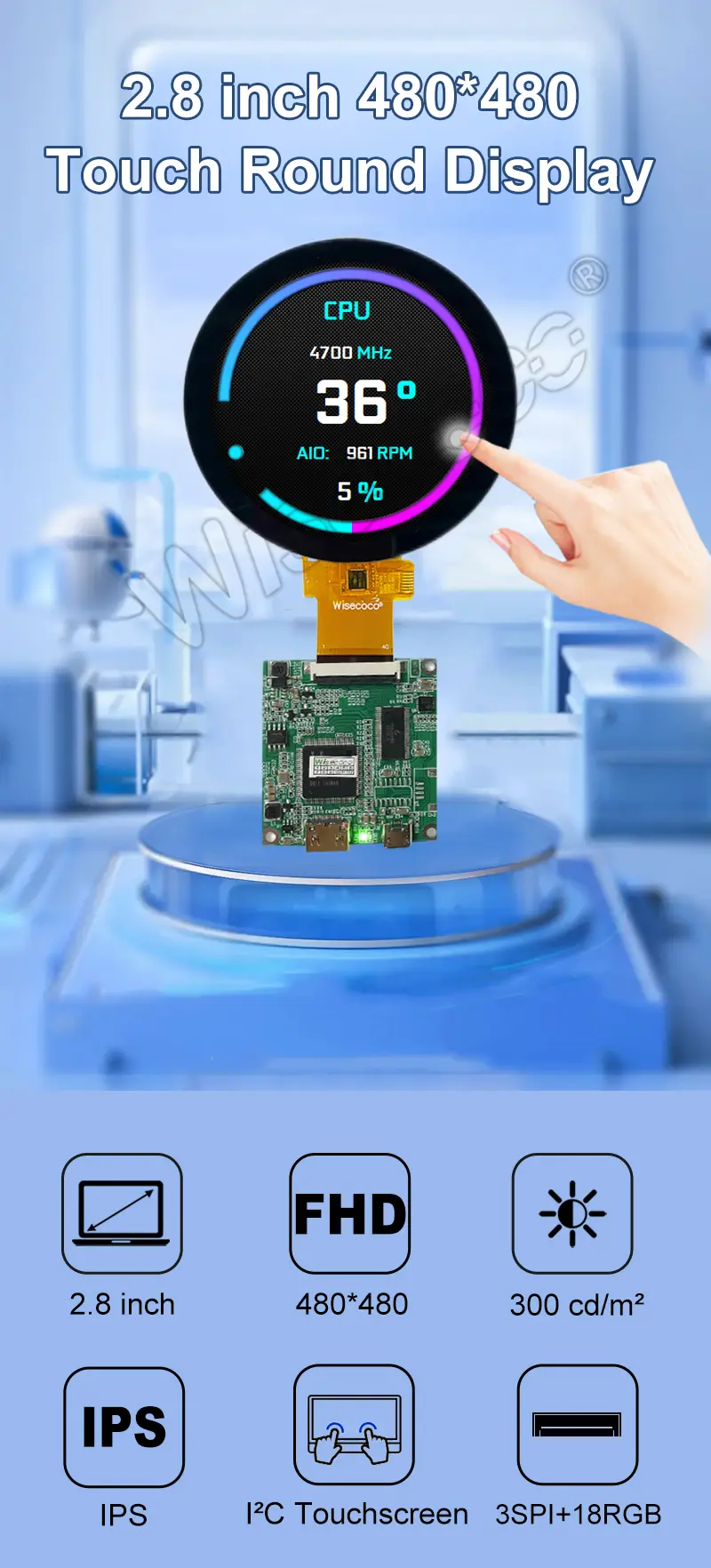 Wisecoco 2.8-inch Circular Lcd Display 480x480 Round Touch Module