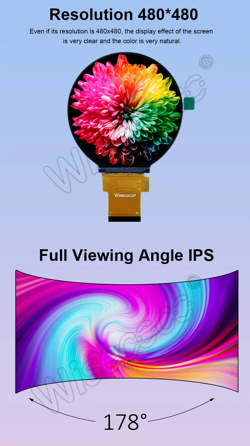 2.8 Inch 480x480 IPS Round Display 300nits Brightness SPI RGB Intelligent