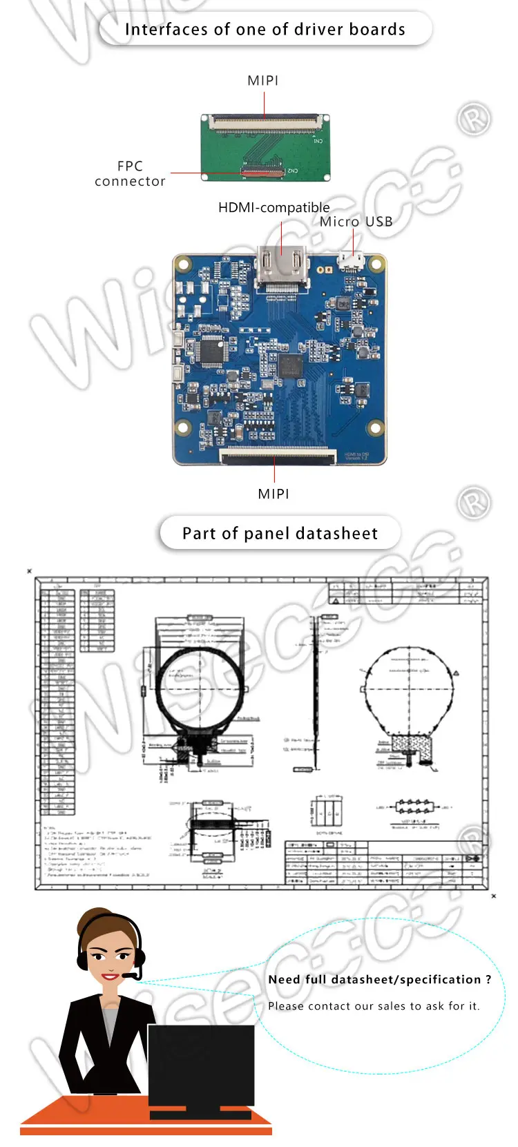Wisecoco 3.4 Inch 800x800 Ips Round LCD Display with PCAP Touch Screen