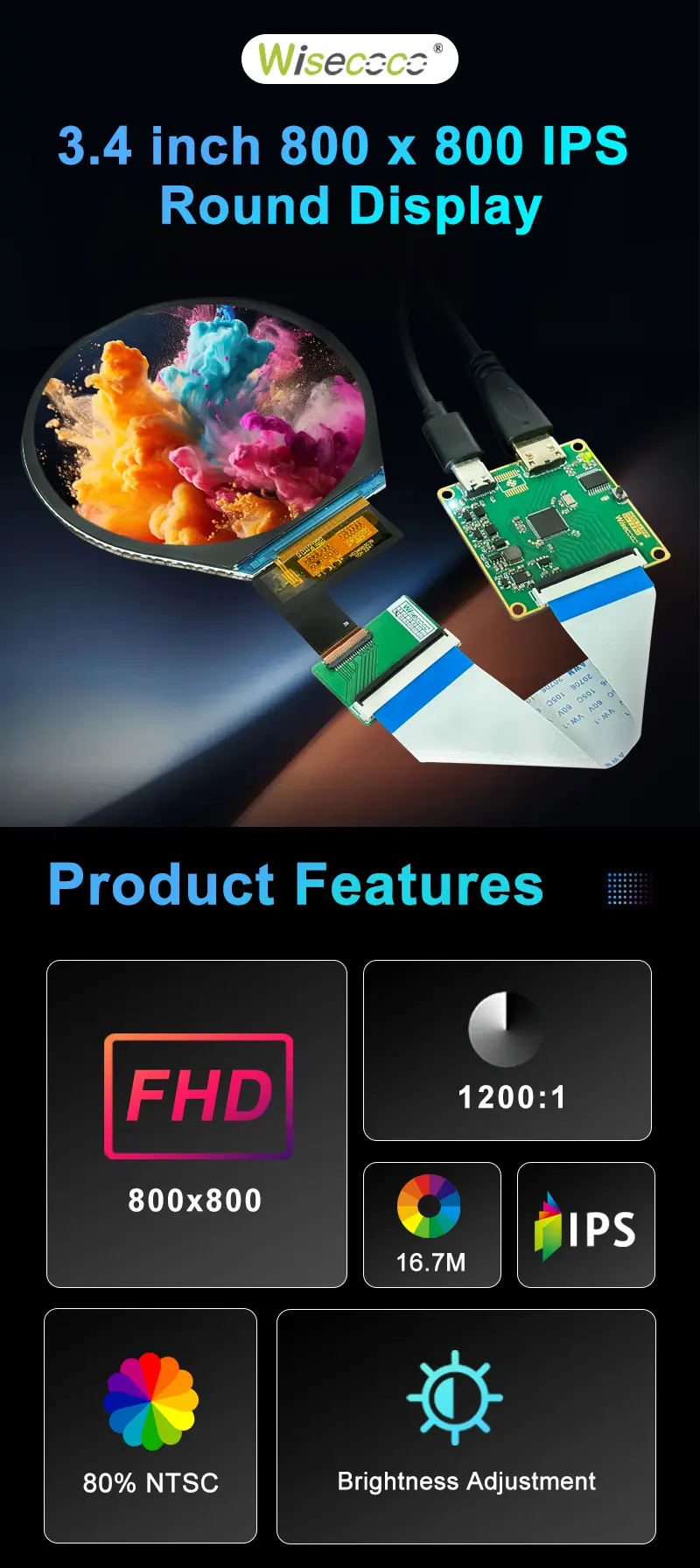 Custom 3.4 Inch 800x800 FHD IPS Round LCD Display Brightness Adjustable Circular Screen 