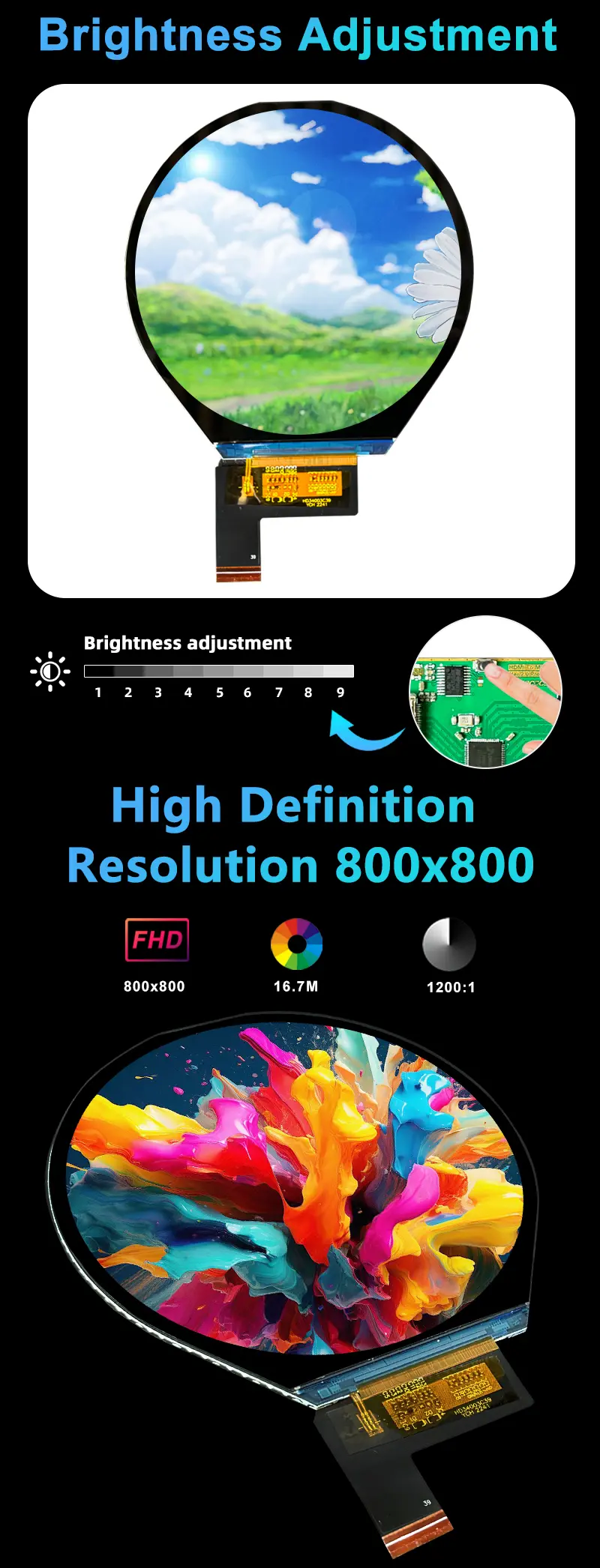 Custom 3.4 Inch 800x800 Brightness Adjustable Circular Screen 