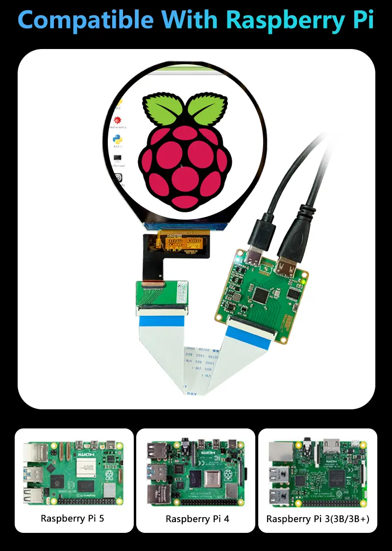 Custom 3.4 Inch 800x800 FHD IPS Brightness Adjustable Circular Screen compatible with raspberry pi