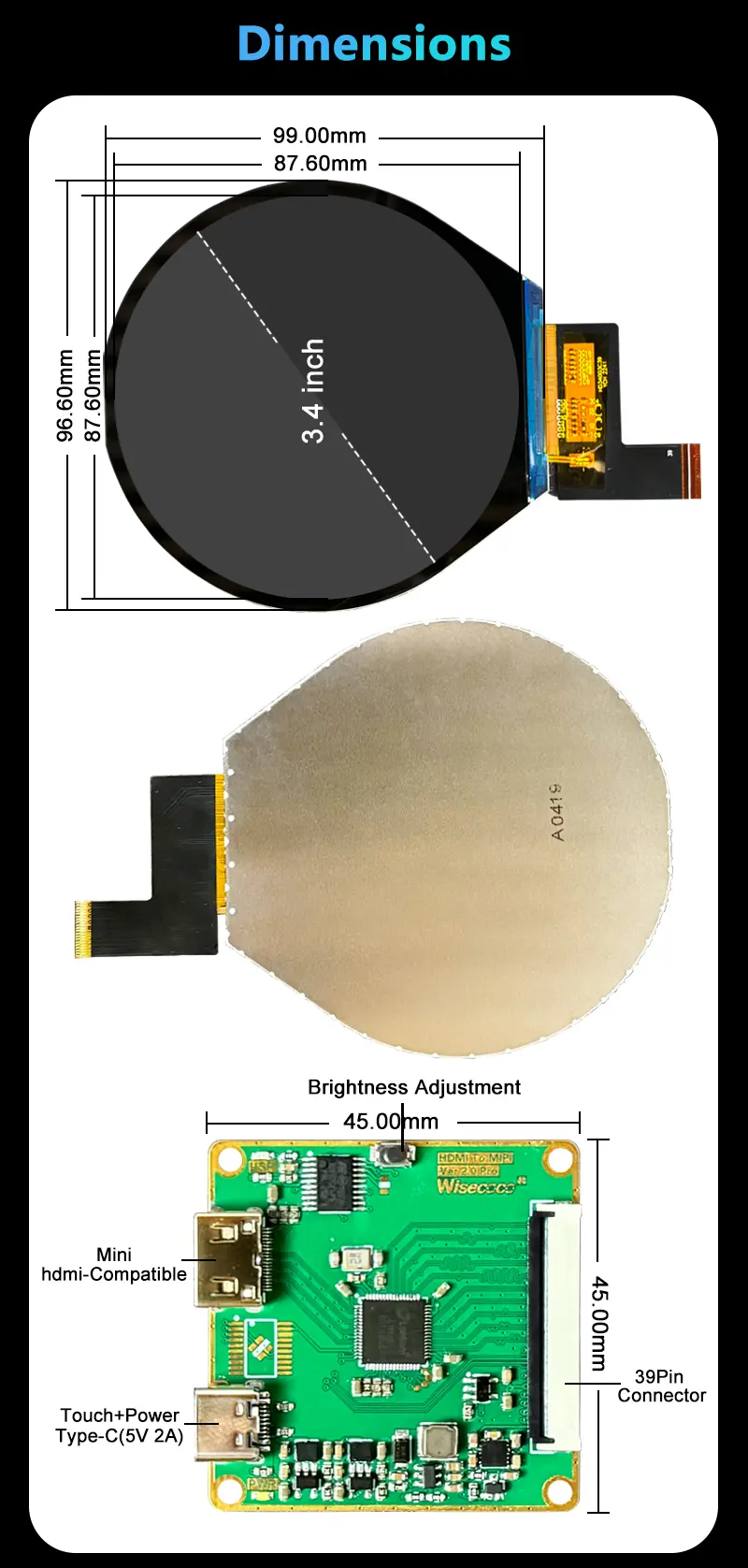 Custom 3.4 Inch 800x800 FHD IPS Circular Screen 