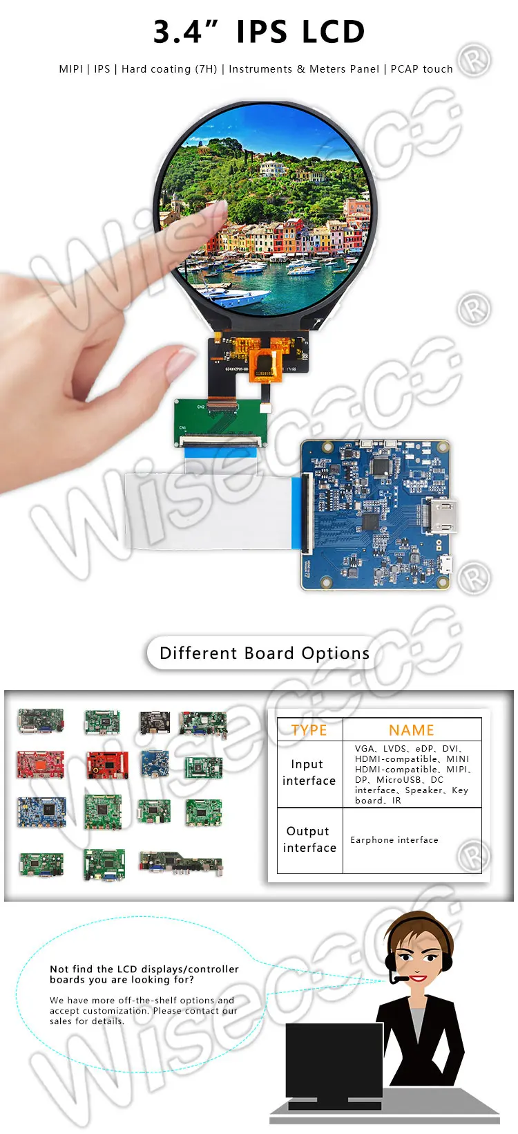 Wisecoco 3.4 Inch 800x800 Ips Round LCD Display with PCAP Touch Screen