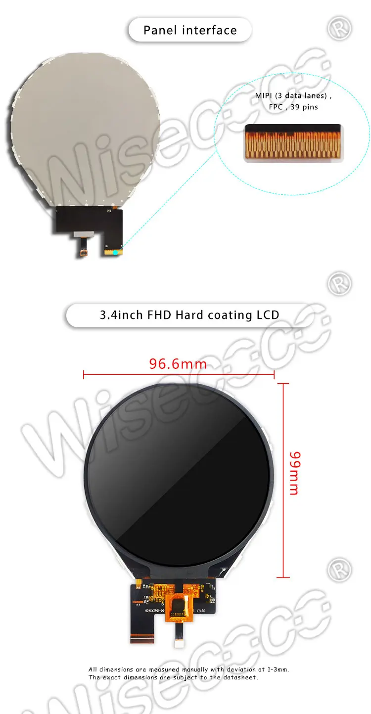 Wisecoco 3.4 Inch 800x800 Ips Round LCD Display with PCAP Touch Screen