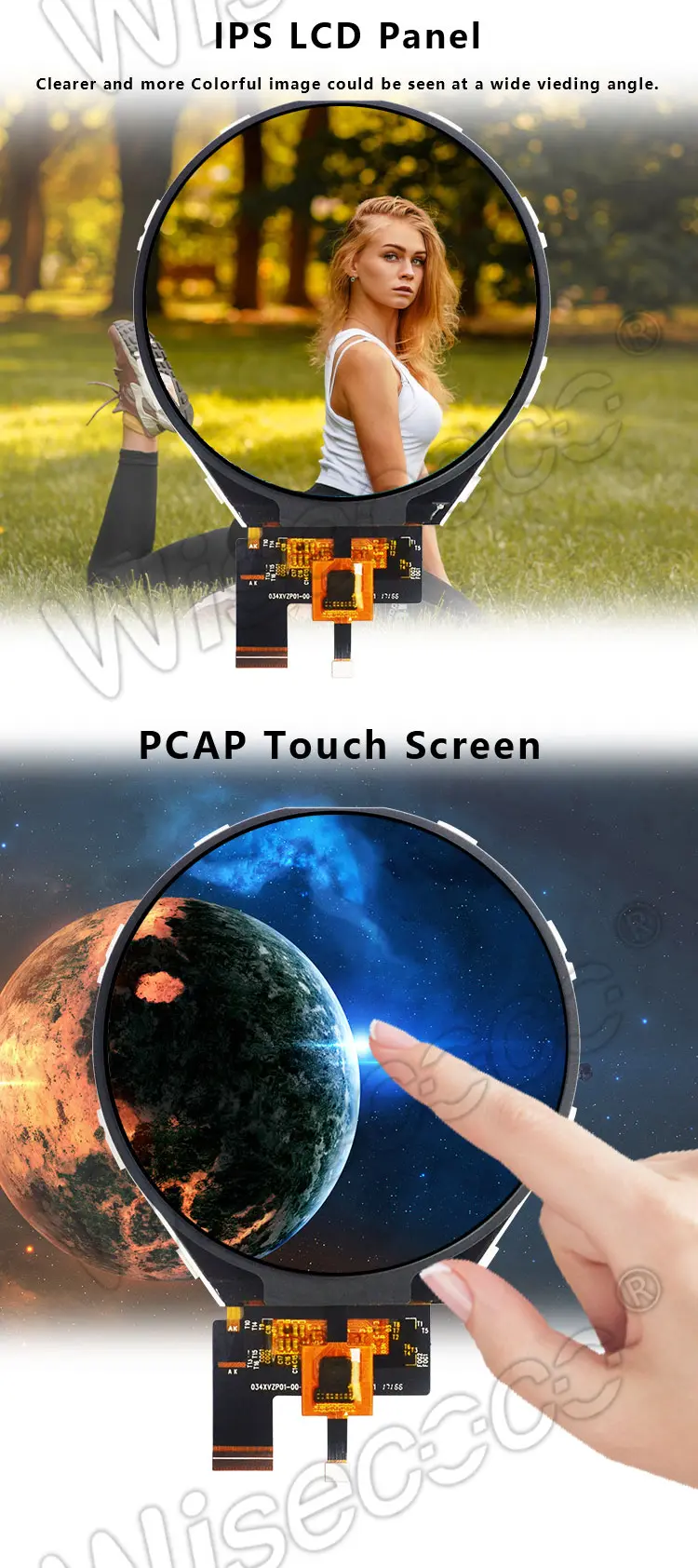 Wisecoco 3.4 Inch 800x800 Ips Round LCD Display with PCAP Touch Screen