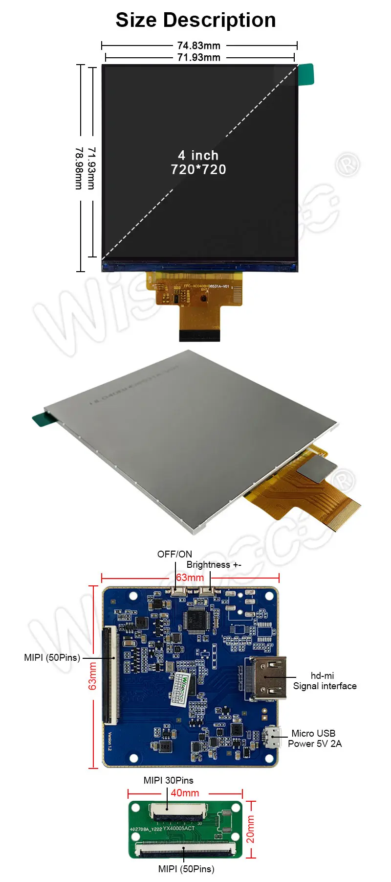 4.0 Inch TFT LCD Display Module Square 720x720 Panel Display 30-pin MIPI 4-LINE Interface