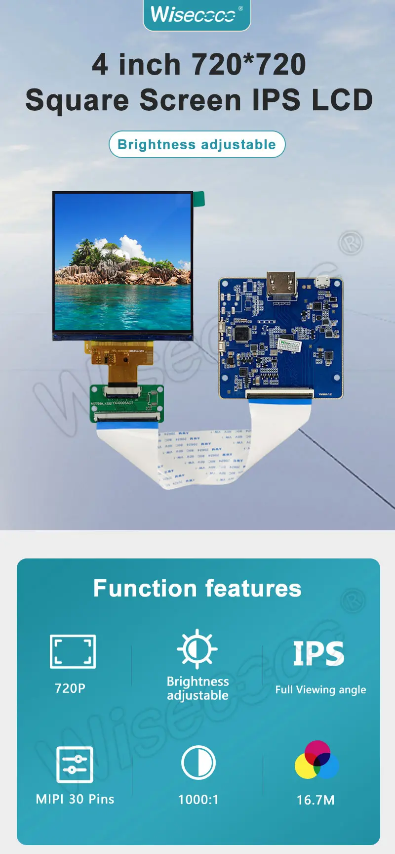 4 Inch Square LCD Screen 720x720 High Resolution MIPI Interface IPS TFT LCD Display Module