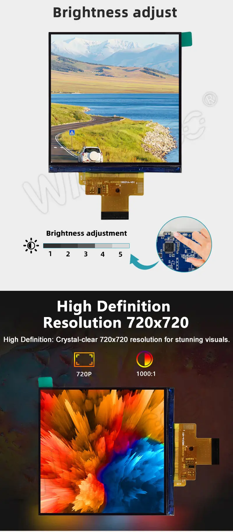 4 Inch 720*720 high definition resolution brightness adjustable TFT Ips Screen