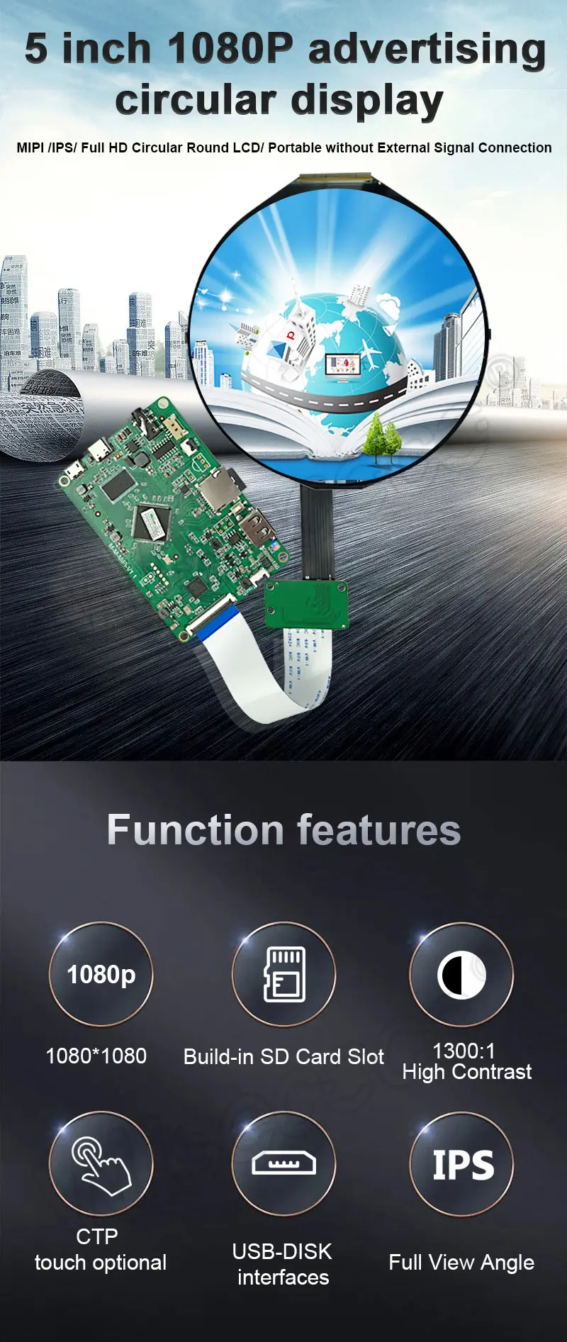 Wisecoco 5 Inch Round Display Support SD Card Usb Power Supply 1080x1080 Mipi LCD Circle Screen for Advertising