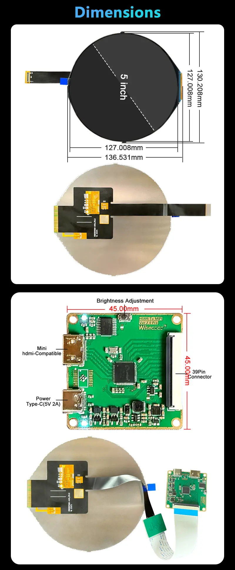 5-inch IPS Circular LCD screen with driver board kit