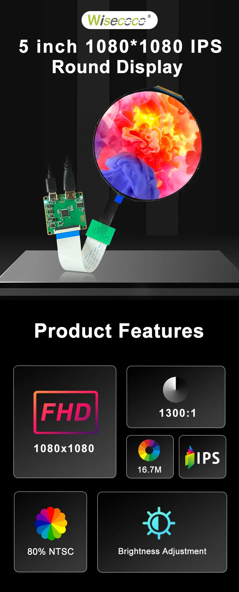 5-inch 1080*1080 High Brightness Adjustable Circular LCD Panel