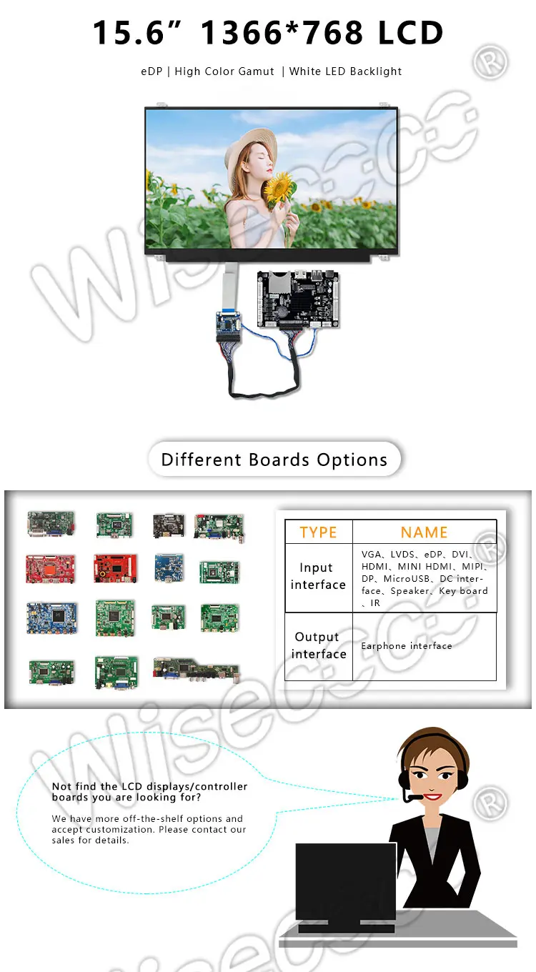 Wisecoco 15.6 Inch 1366*768 WXGA Slim LCD Display 30 Pins EDP LCD Module