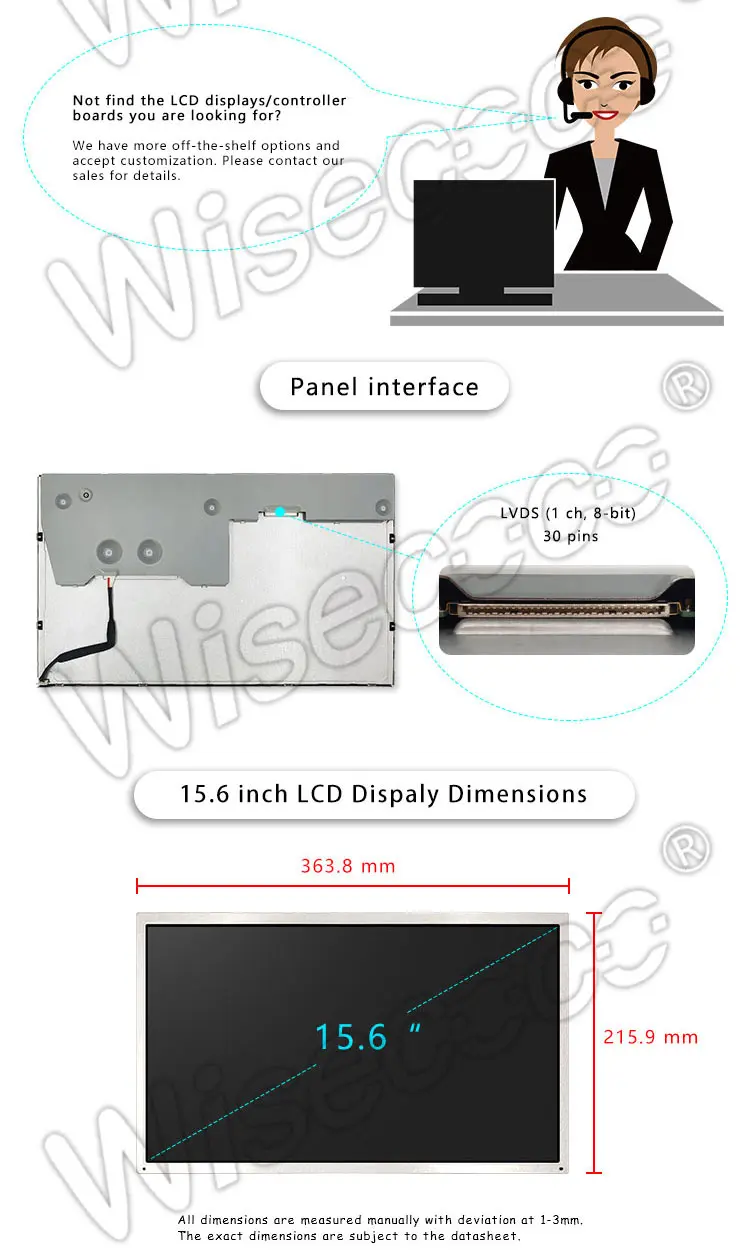 Wisecoco 15.6 Inch 400Nits 60Hz LVDS 30 Pin 1366x768 WXGA LCD Panel Display