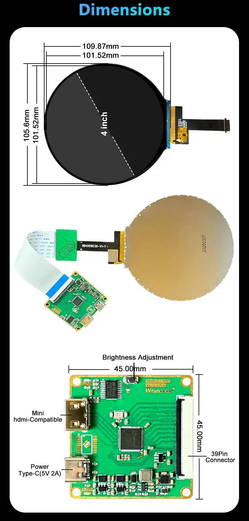 4-inch Round 720*720 Resolution 16.7M Color IPS Full-view MIPI LCD Display Module