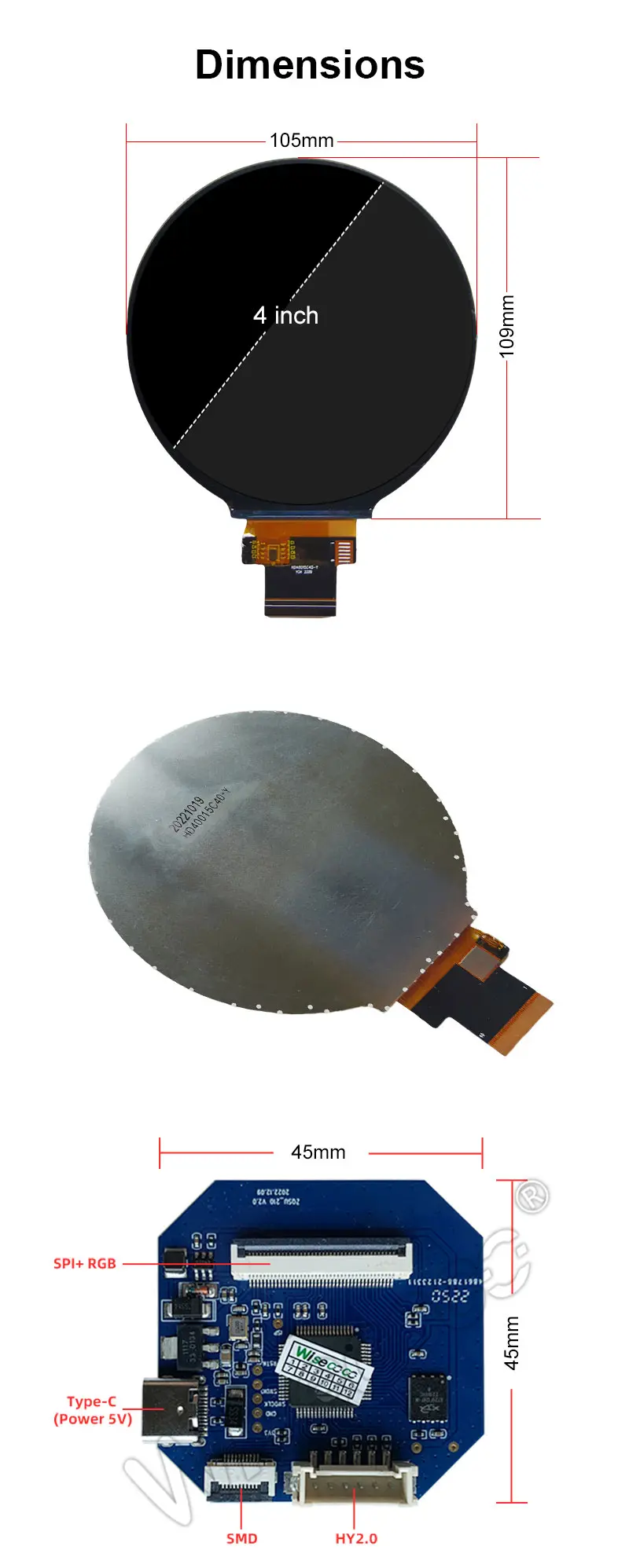 4 inch 720*720 Uart SPI+RGB Interface IPS Circular Display