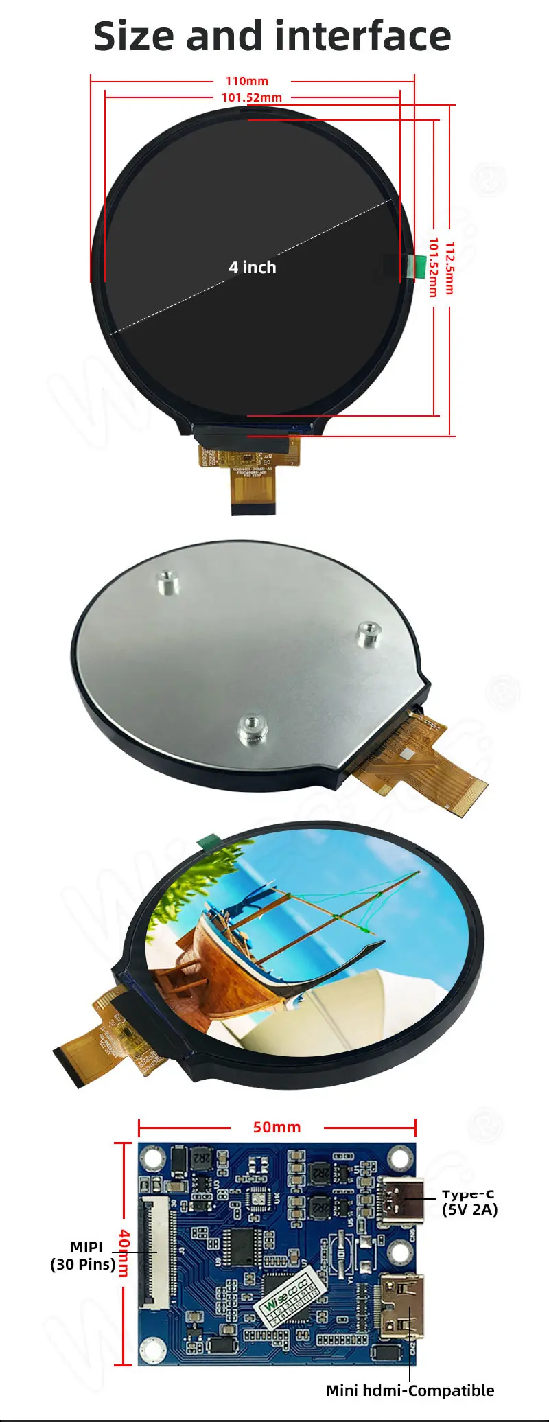 4 Inch 720x720 Circular Sunlight Readable 1200 nits High Brightness Display