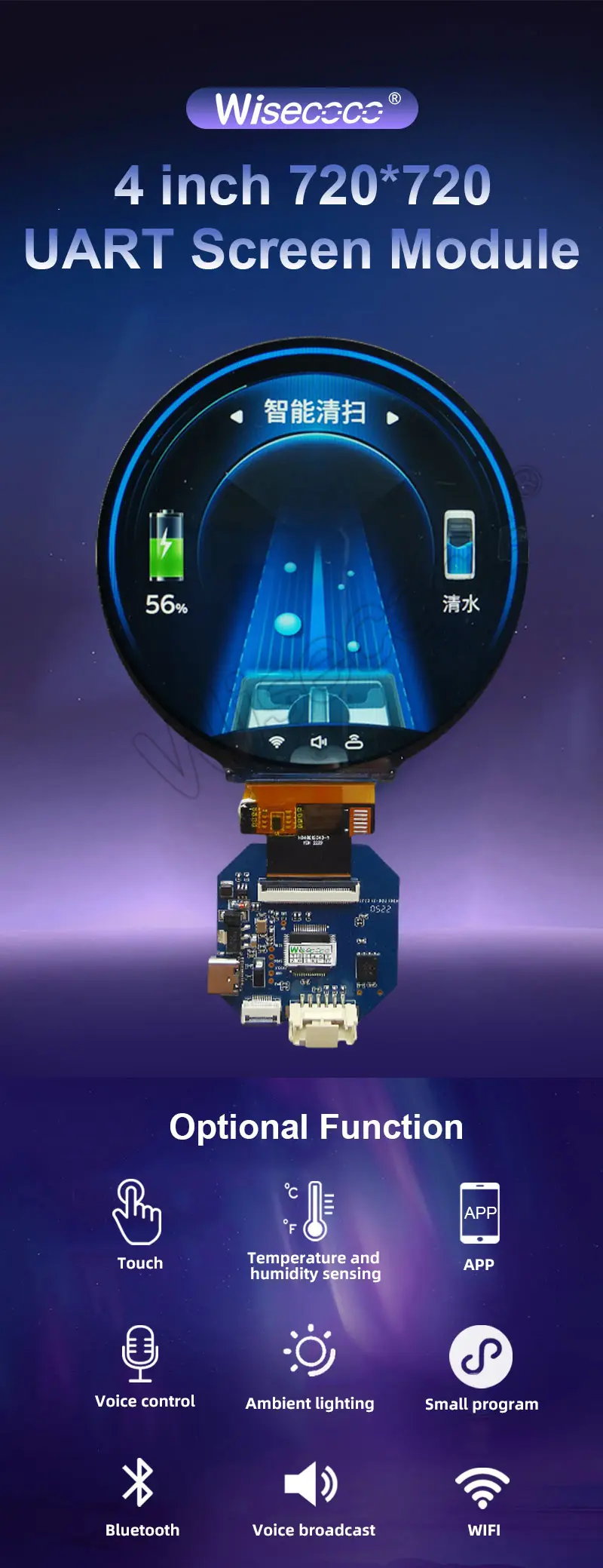 4 Inch Round Uart Screen Module Industrial Control Solution 720*720 SPI RGB Support TTL RS485 232 Hmi Display Module