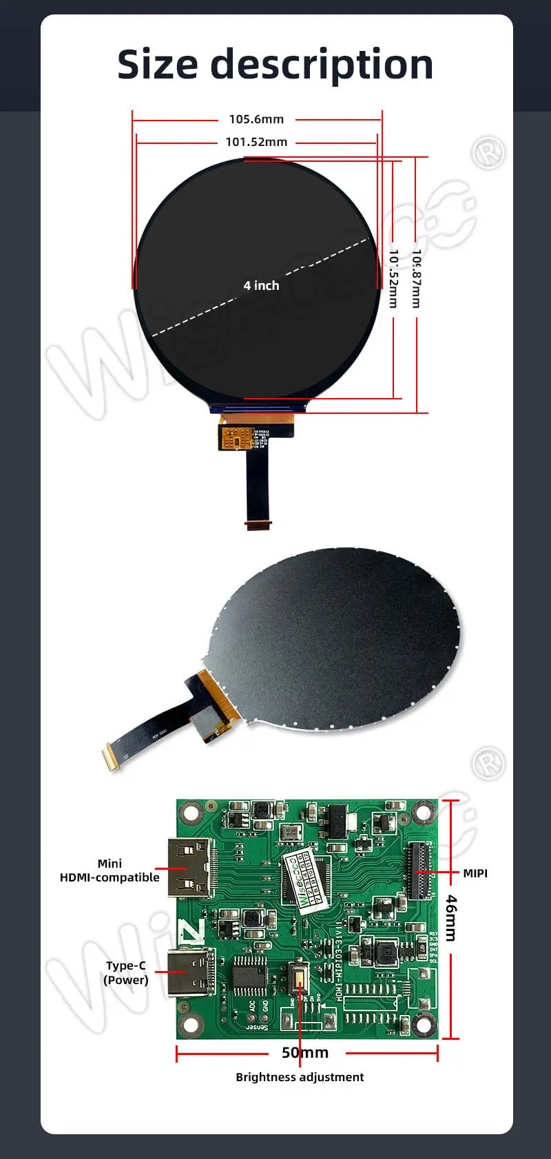 Custom 4Inch 720x720 IPS Circle TFT LCD Module MIPI Interface Driver Board