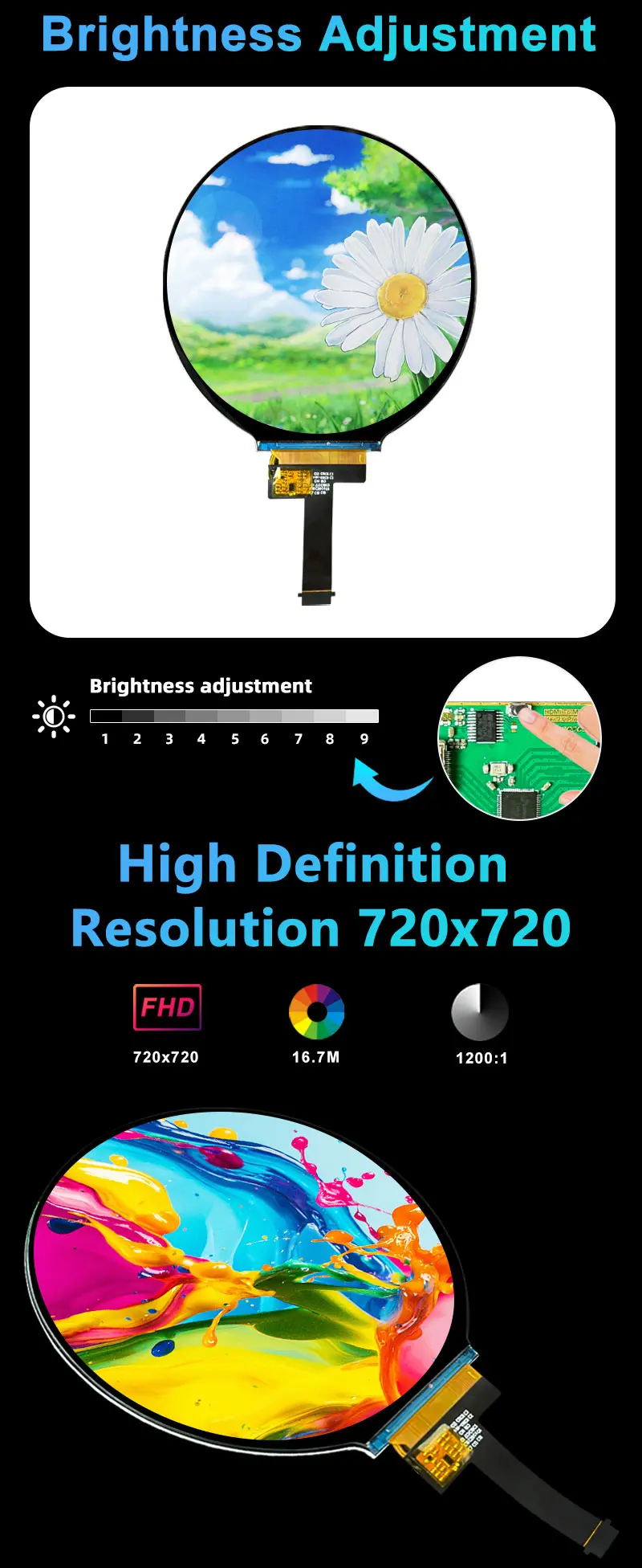 4 Inch 720x720 Brightness Adjustable Display MIPI Full Viewing Angle IPS TFT Circular LCD Display