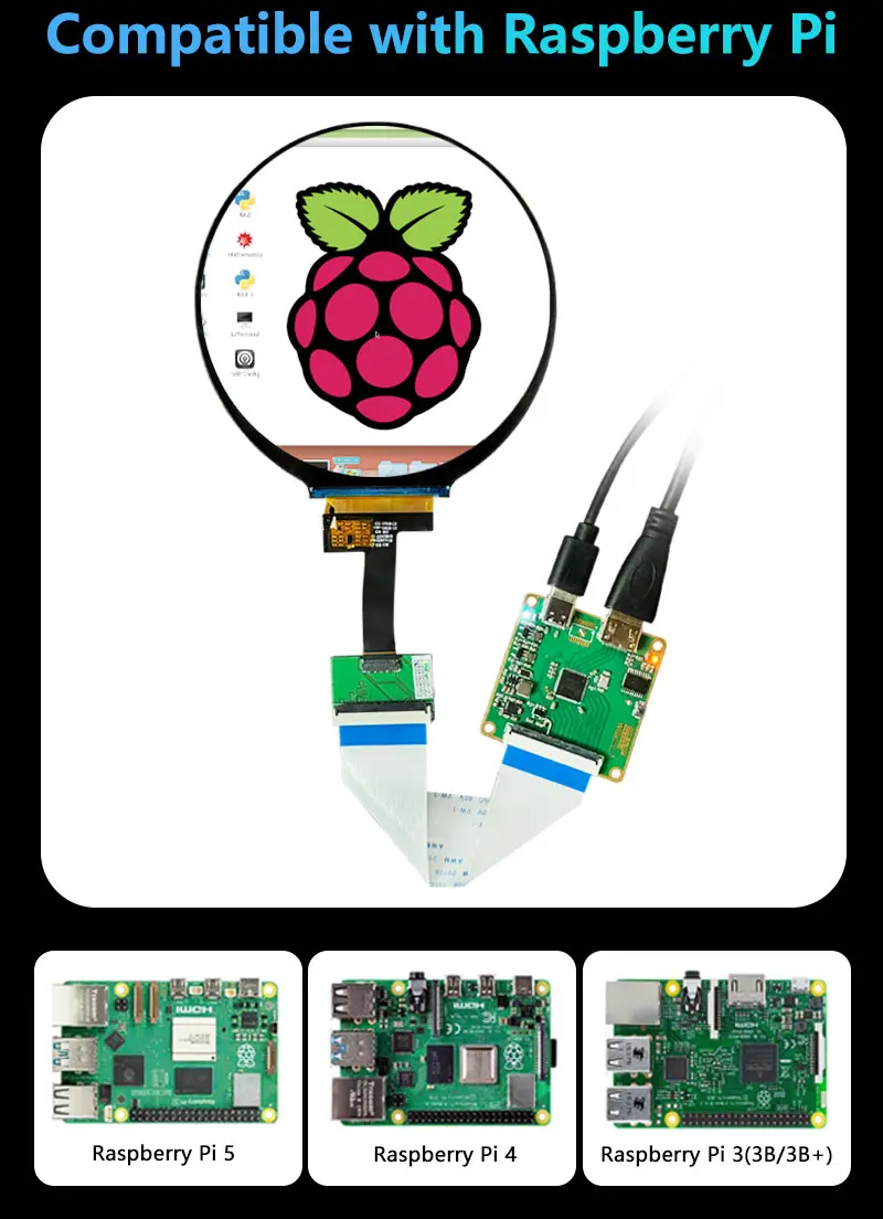 4 Inch Brightness Adjustable Round IPS TFT LCD Screen Supports Raspberry Pi4B/3B+/3A+