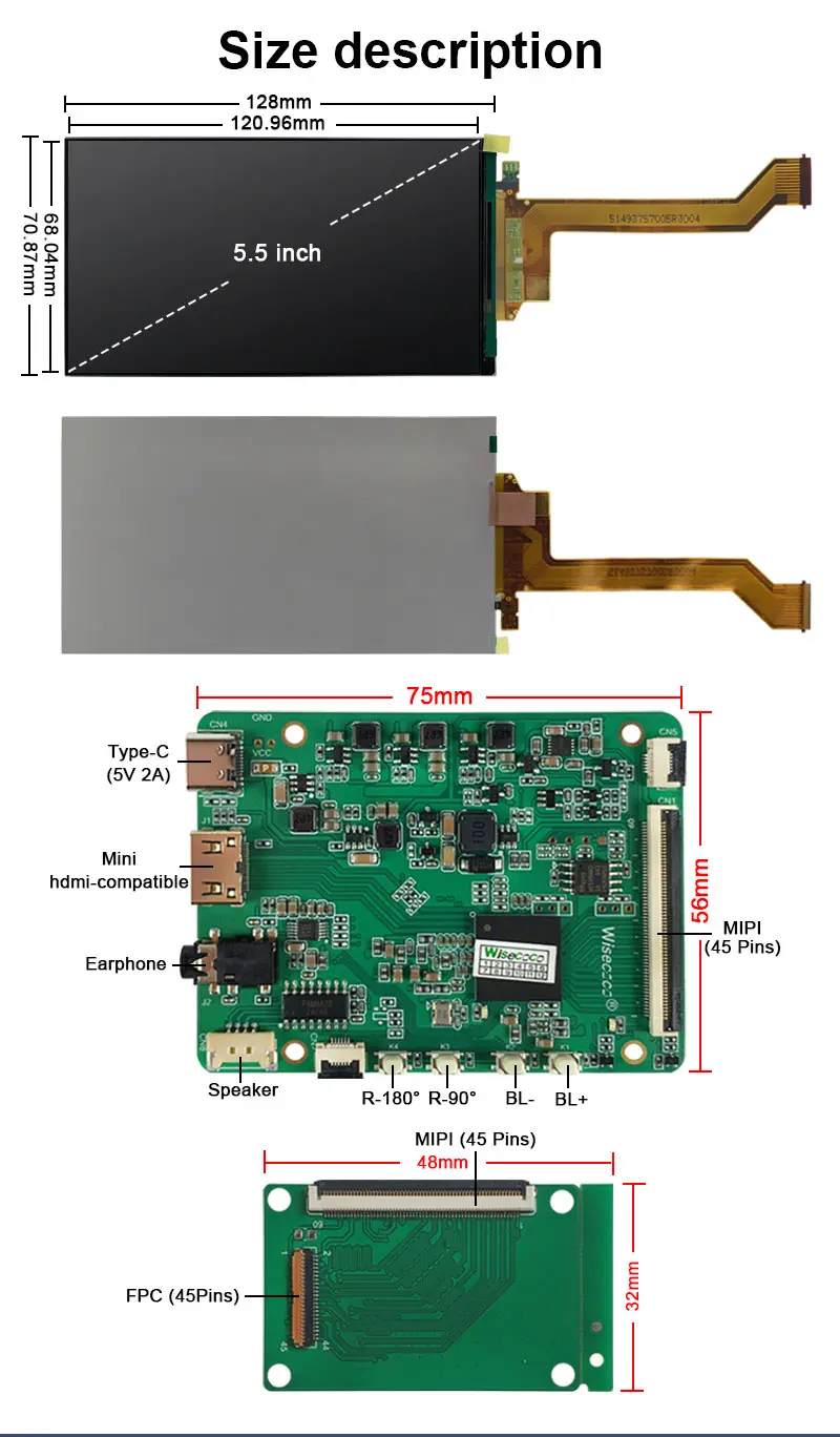 5.5" 2K IPS LCD Screen 2560×1440 Default Landscape LCD Module with Driver Board