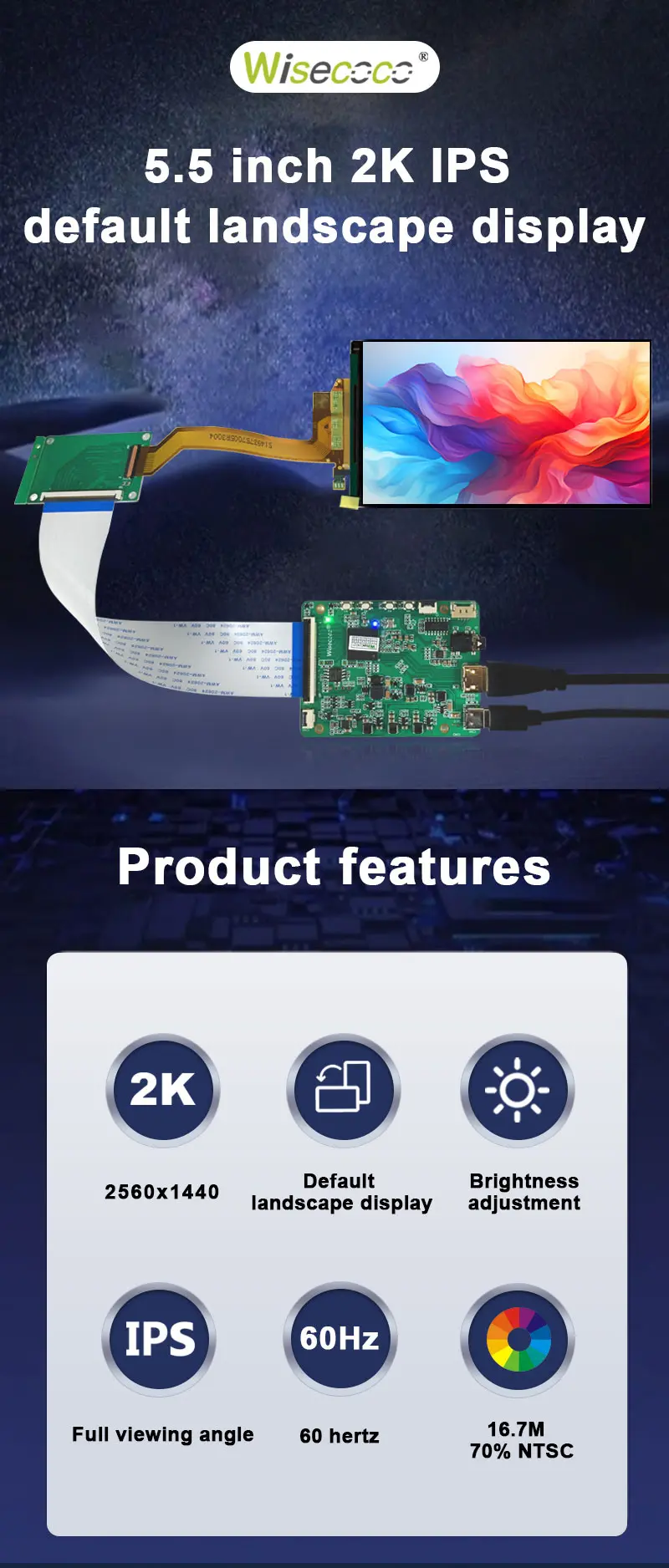 5.5 Inch 2K IPS TFT LCD Display 2560x1440 LED Backlight MIPI Landscape LCD Screen