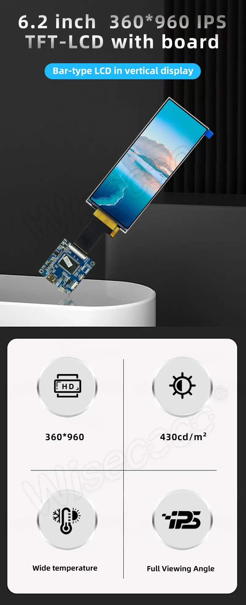 6.2 Inch Bar Type LCD Screen 360*960 Full Viewing Angle IPS SPI/RGB HD Display Module