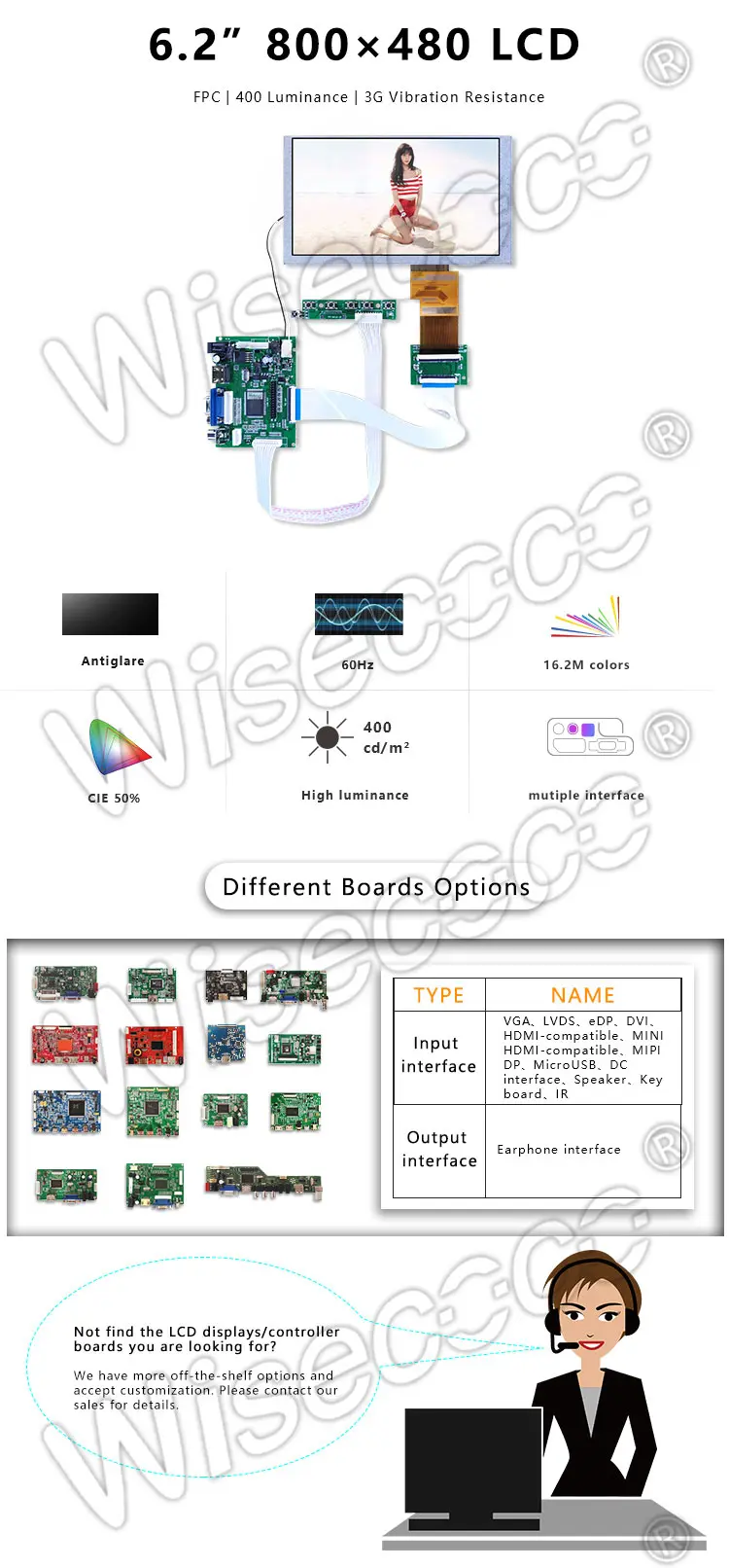 6.2 Inch TFT-LCM Modules 800*480 Pixel Brightness 400nits FPC TTL Interface LCD Display
