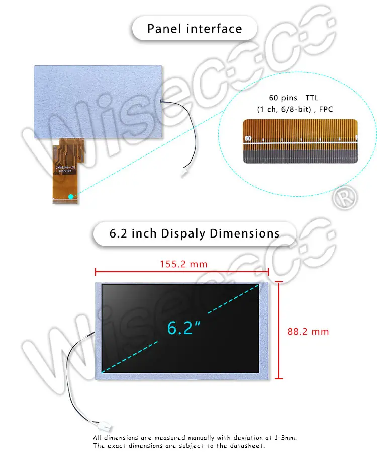 6.2 Inch TFT-LCM Modules 800*480 Pixel Brightness 400nits FPC TTL Interface
