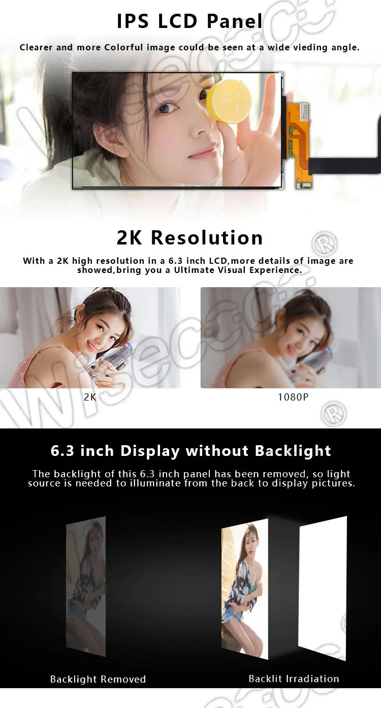 6.3 inch 2560x1440 2k hd high resolution high brightness ips lcd projector panel