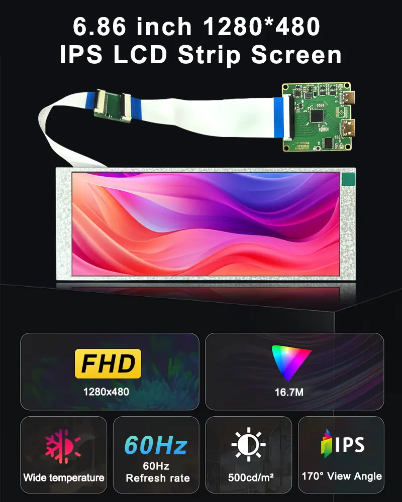 Wisecoco 6.86 Inch 1280*480 FHD Screen Stretched Bar LCD Display