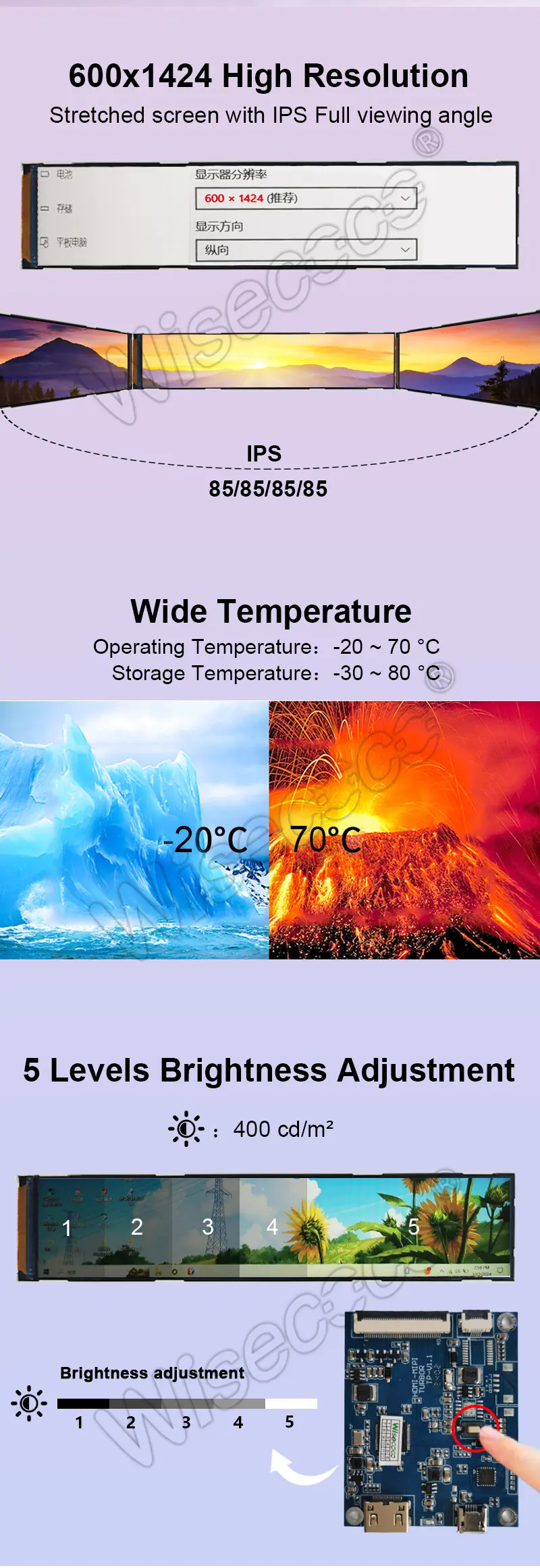 7 Inch 600*1424 Full Viewing Angle Stretched Bar Display 