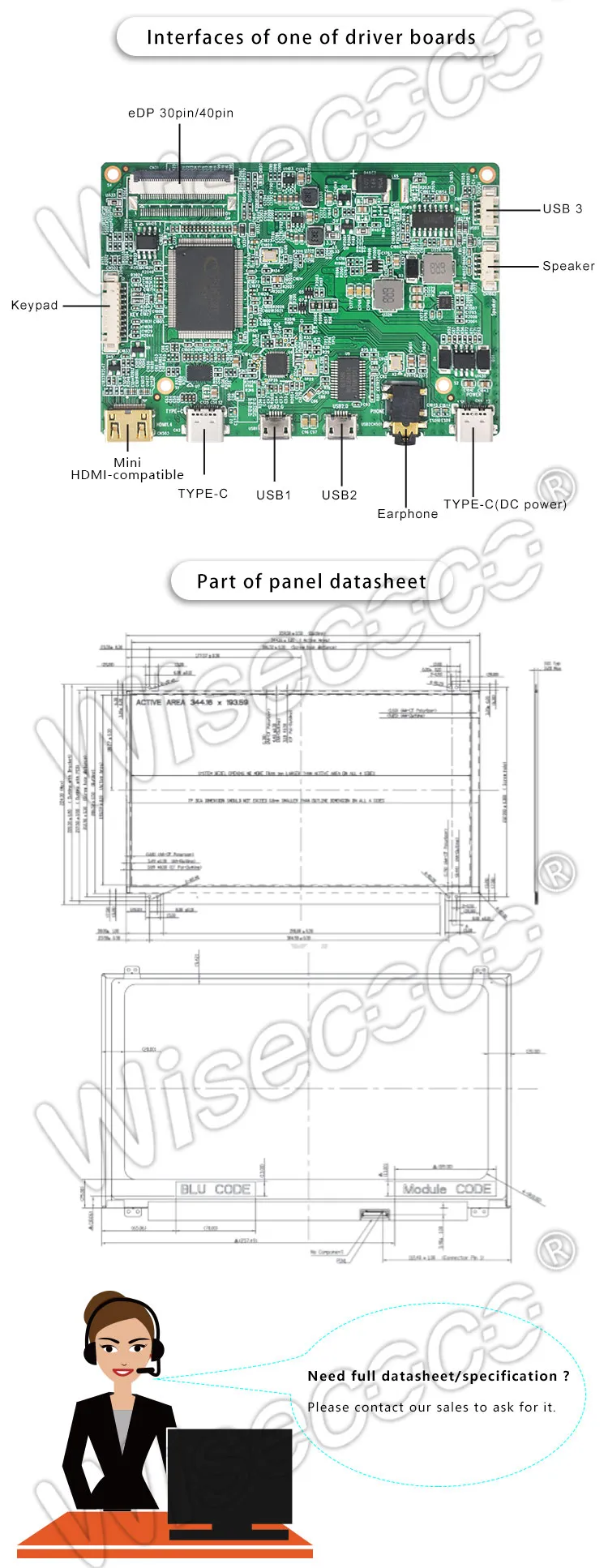 Wisecoco 15.6 Inch 1920*1080 FHD IPS TFT LCD Display with Driver Board